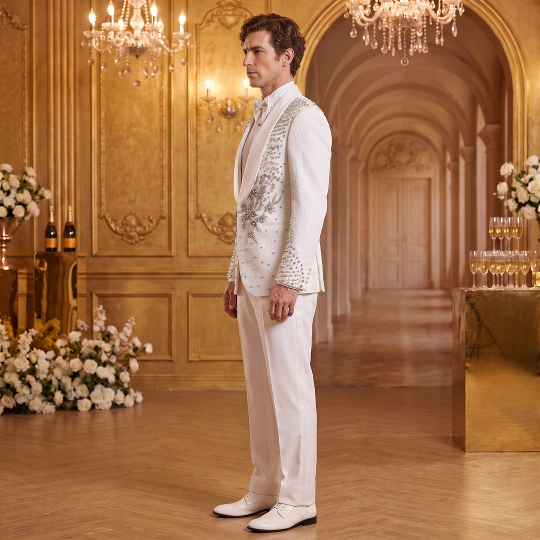 Luxury White Shawl Lapel Diamond 2 Pieces Men Suit