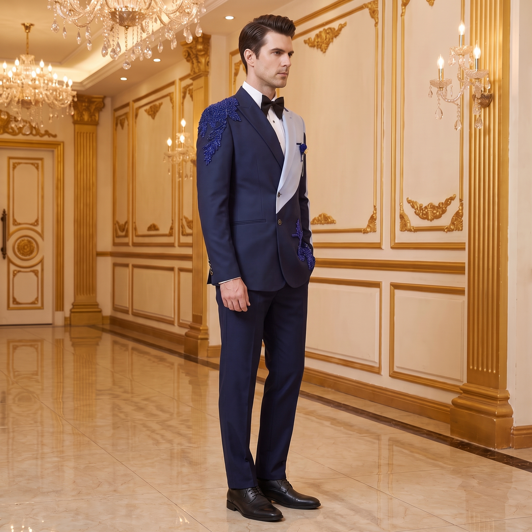 Fashion Navy And Light Blue Peak Lapel Embroidered Diamond 2 Pieces Suit For Party