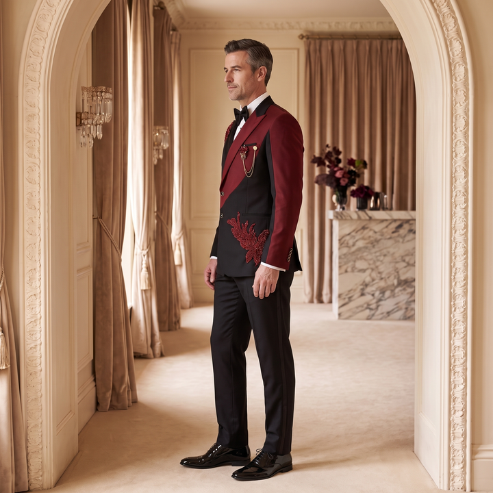 Fashion 2 Pieces Suit In Black And Dark Red Peaked Lapel Appliques With Diamond For Prom