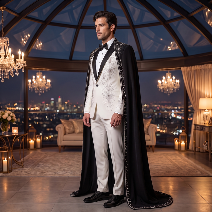 Luxury White Peak Lapel Diamond 2 Pieces Men Suit With Black Embroidered Cape