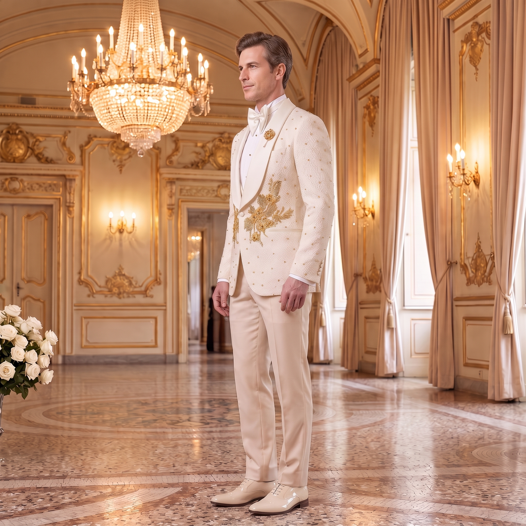 Luxury Beige Shawl Lapel Embroidered Diamond 3 Pieces Men Suit For Wedding