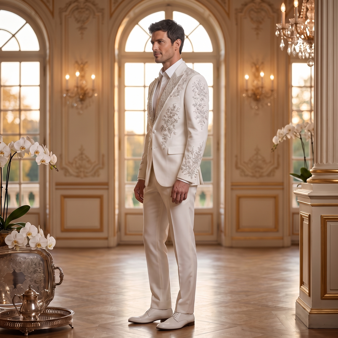 Fashion White And Emerald Diamond Peak Lapel 2 Pieces Men Suit