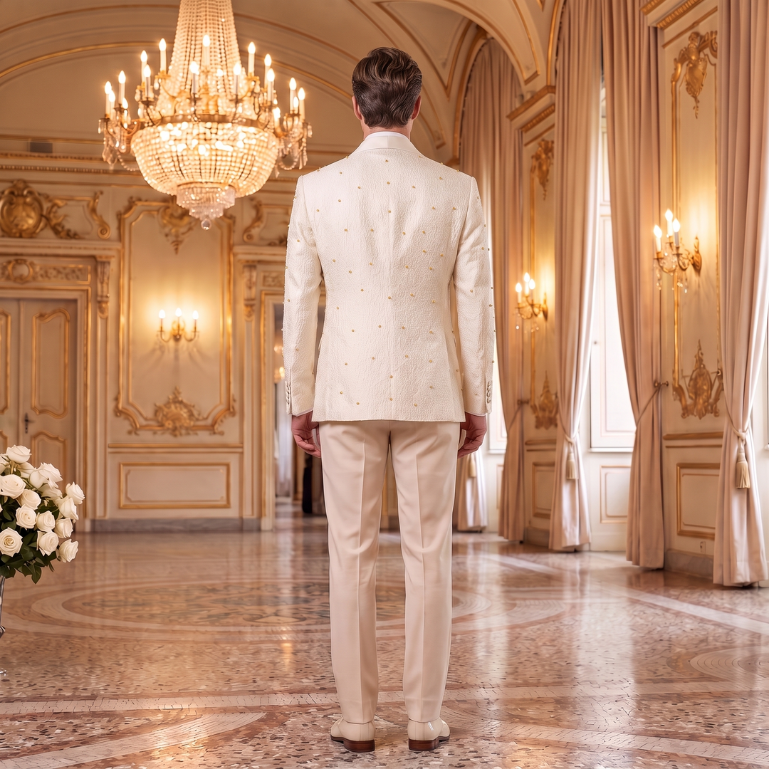 Luxury Beige Shawl Lapel Embroidered Diamond 3 Pieces Men Suit For Wedding