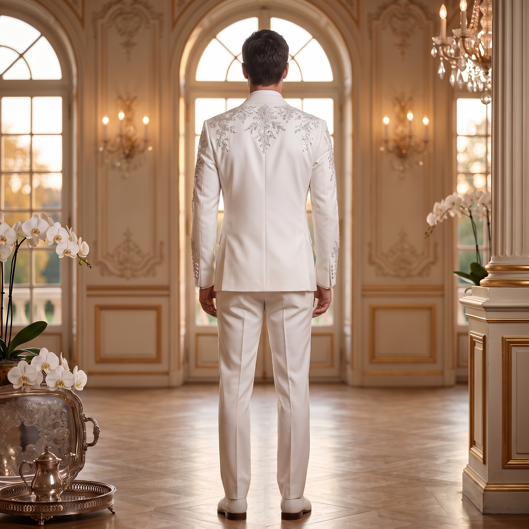 Fashion White And Emerald Diamond Peak Lapel 2 Pieces Men Suit