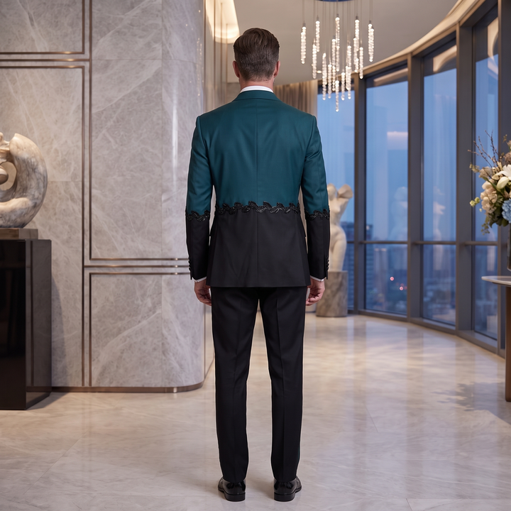 Fashion 2 Pieces Suit In Teal And Black Peaked Lapel Appliques Diamond For Prom