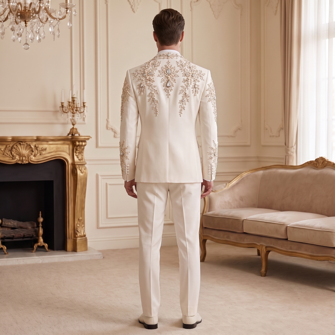 Luxury White Peak Lapel Embroidered Diamond 3 Pieces Men Suit For Wedding