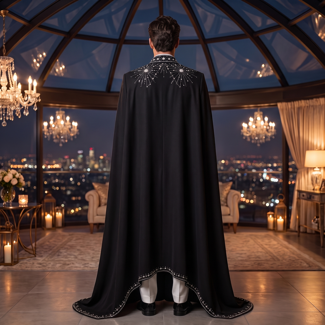 Luxury White Peak Lapel Diamond 2 Pieces Men Suit With Black Embroidered Cape