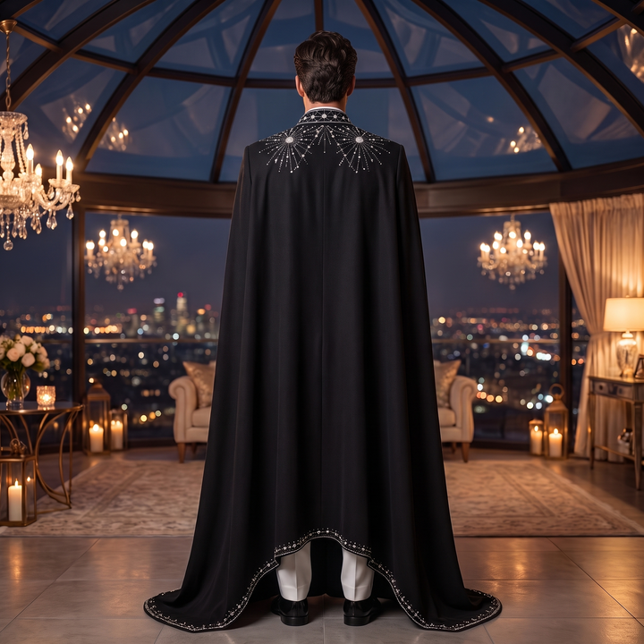 Luxury White Peak Lapel Diamond 2 Pieces Men Suit With Black Embroidered Cape