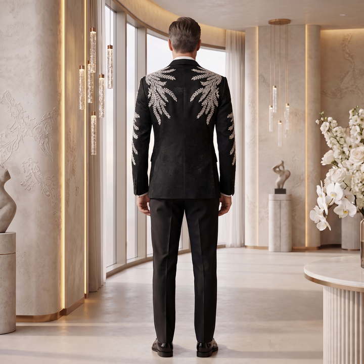 Luxury Black Peak Lapel Embroidered 3 Pieces Mens Suit