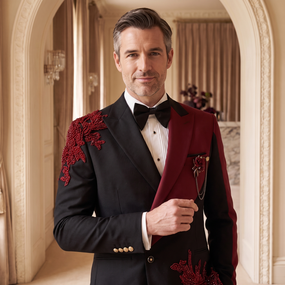 Fashion 2 Pieces Suit In Black And Dark Red Peaked Lapel Appliques With Diamond For Prom
