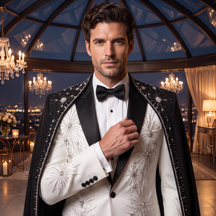 Luxury White Peak Lapel Diamond 2 Pieces Men Suit With Black Embroidered Cape