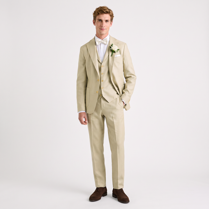 Menseventwear Formal 3 Pieces Mens Suit Flat Linen Notch Lapel Suits For Wedding (Blazer+Vest+Pants)