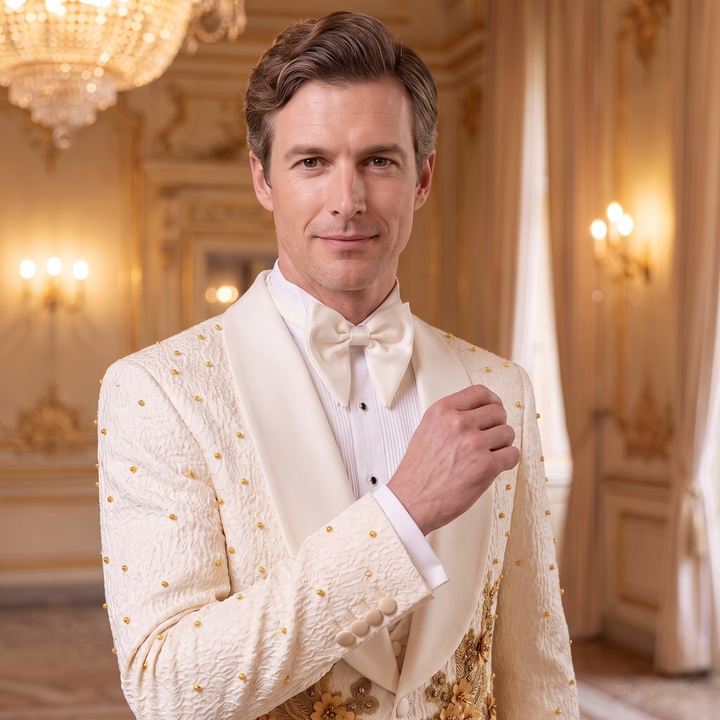 Luxury Beige Shawl Lapel Embroidered Diamond 3 Pieces Men Suit For Wedding