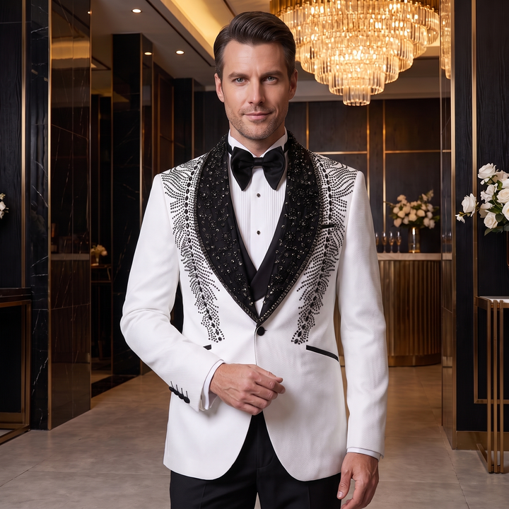 Luxury White Beaded Shawl Lapel Suit With Handmade Formal 3 Pieces Suit