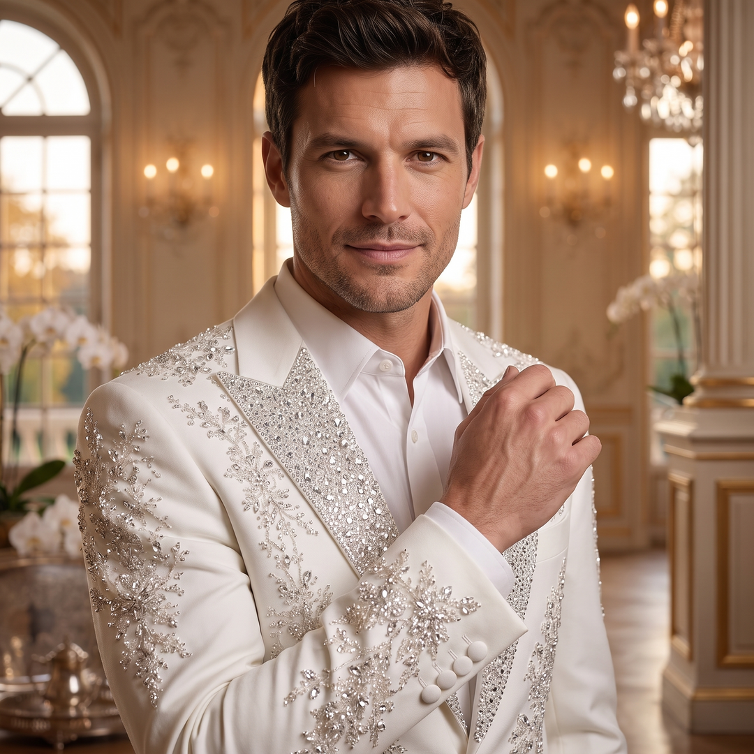 Fashion White And Emerald Diamond Peak Lapel 2 Pieces Men Suit