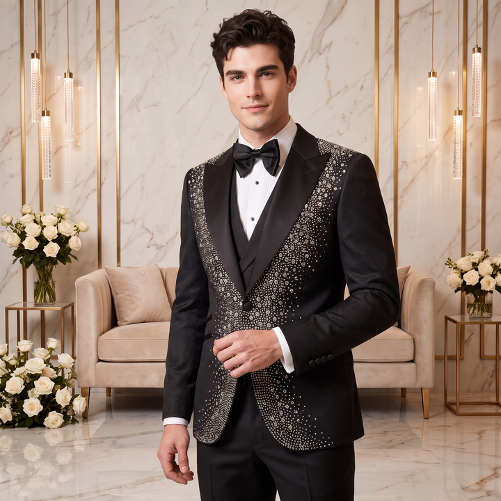 Fashion Black And Diamond Peak Lapel 3 Pieces Men Suit
