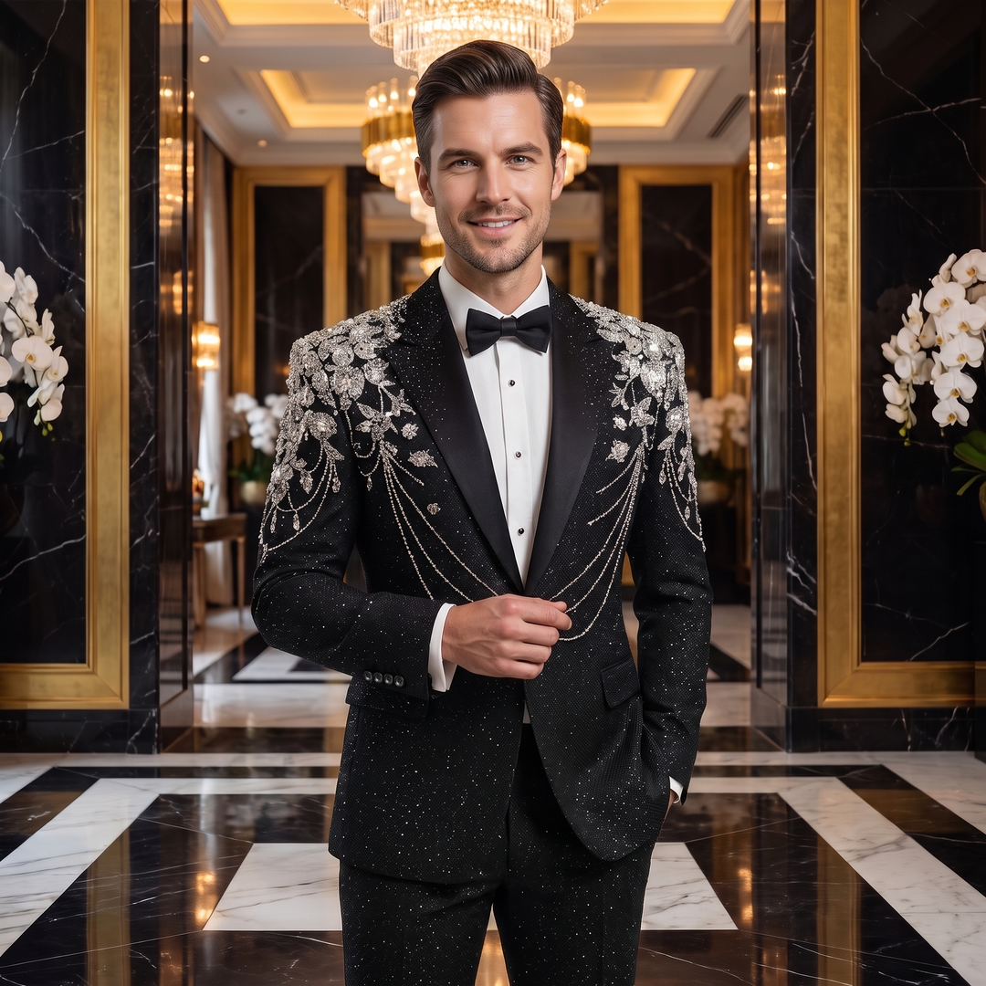 Luxury Black Mens Suit In Beaded 2 Pieces Suit With Peak Lapel For Prom