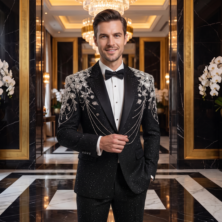 Luxury Black Mens Suit In Beaded 2 Pieces Suit With Peak Lapel For Prom