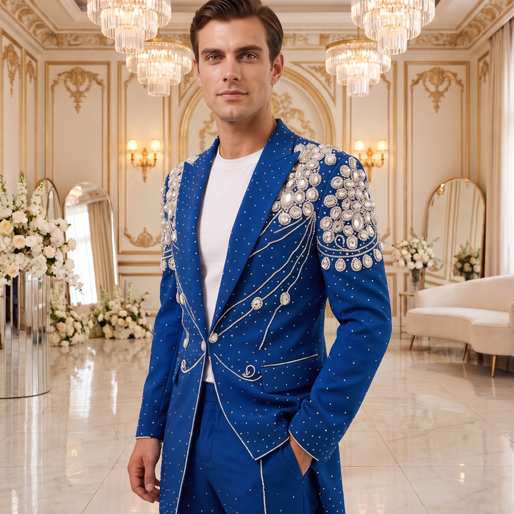Fashion Royal Blue And Diamond Peak Lapel 2 Pieces Men Suit