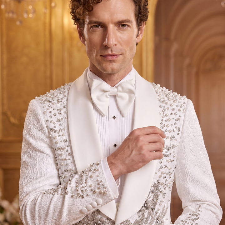 Luxury White Shawl Lapel Diamond 2 Pieces Men Suit