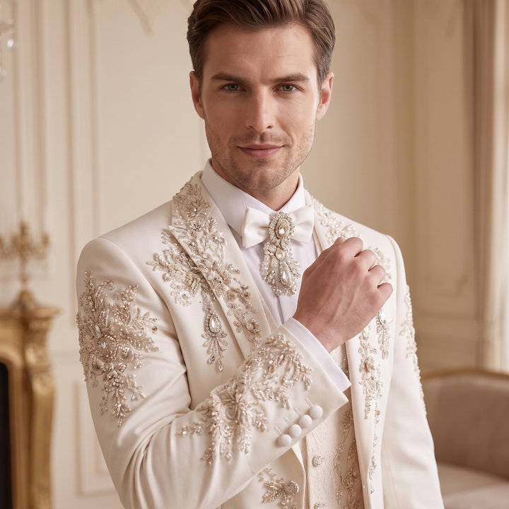 Luxury White Peak Lapel Embroidered Diamond 3 Pieces Men Suit For Wedding