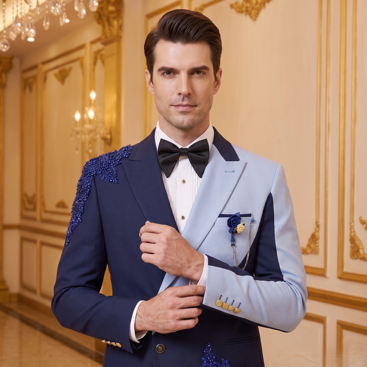 Fashion Navy And Light Blue Peak Lapel Embroidered Diamond 2 Pieces Suit For Party