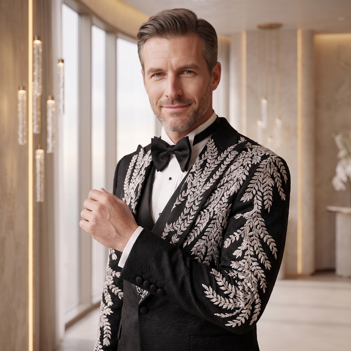Luxury Black Peak Lapel Embroidered 3 Pieces Mens Suit