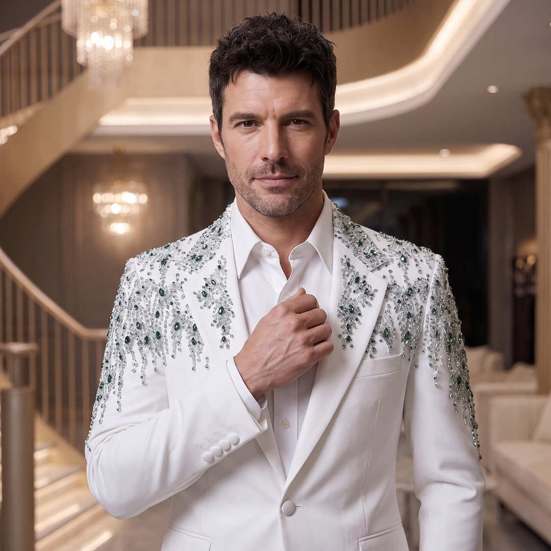 Fashion White And Emerald Diamond Notch Lapel 2 Pieces Men Suit