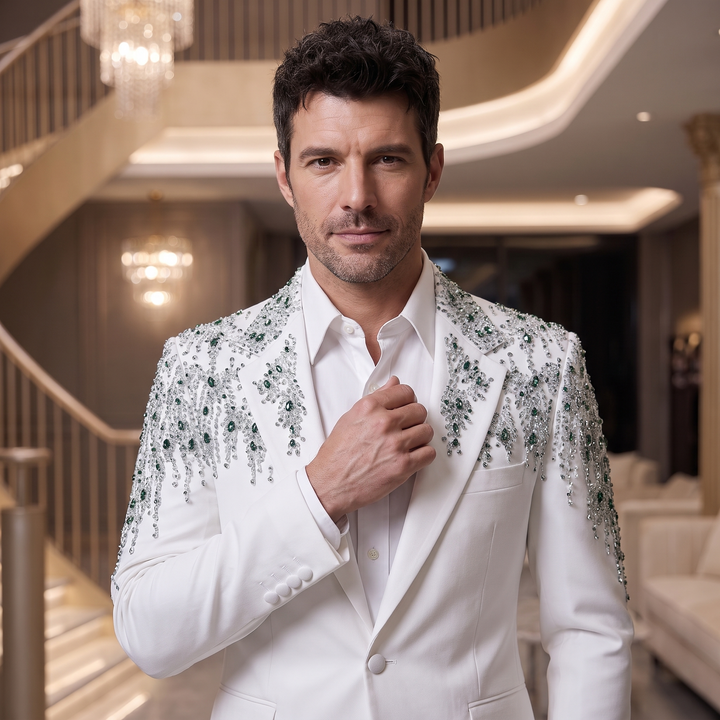 Fashion White And Emerald Diamond Notch Lapel 2 Pieces Men Suit