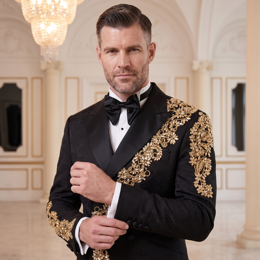 Luxury Black Peak Lapel Embroidered Diamond 2 Pieces Men Double Breasted Suit For Wedding