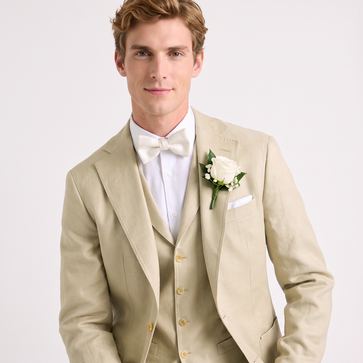 Menseventwear Formal 3 Pieces Mens Suit Flat Linen Notch Lapel Suits For Wedding (Blazer+Vest+Pants)