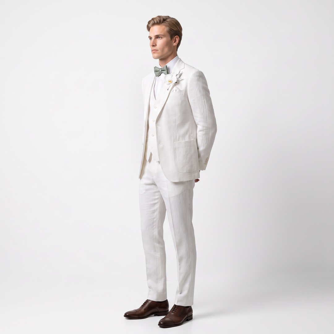 Menseventwear Formal 3 Pieces Mens Suit Flat Linen Notch Lapel Suits For Wedding (Blazer+Vest+Pants)