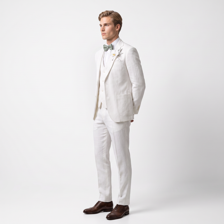 Menseventwear Formal 3 Pieces Mens Suit Flat Linen Notch Lapel Suits For Wedding (Blazer+Vest+Pants)