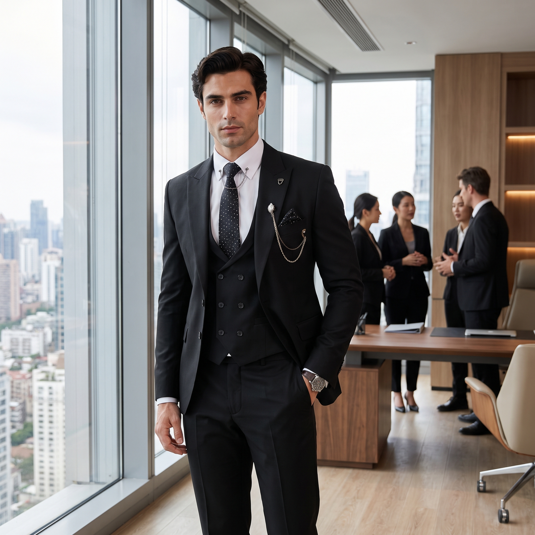 Menseventwear Formal 3 Pieces Mens Suit Peak Lapel Business Suit (Blazer+vest+Pants)