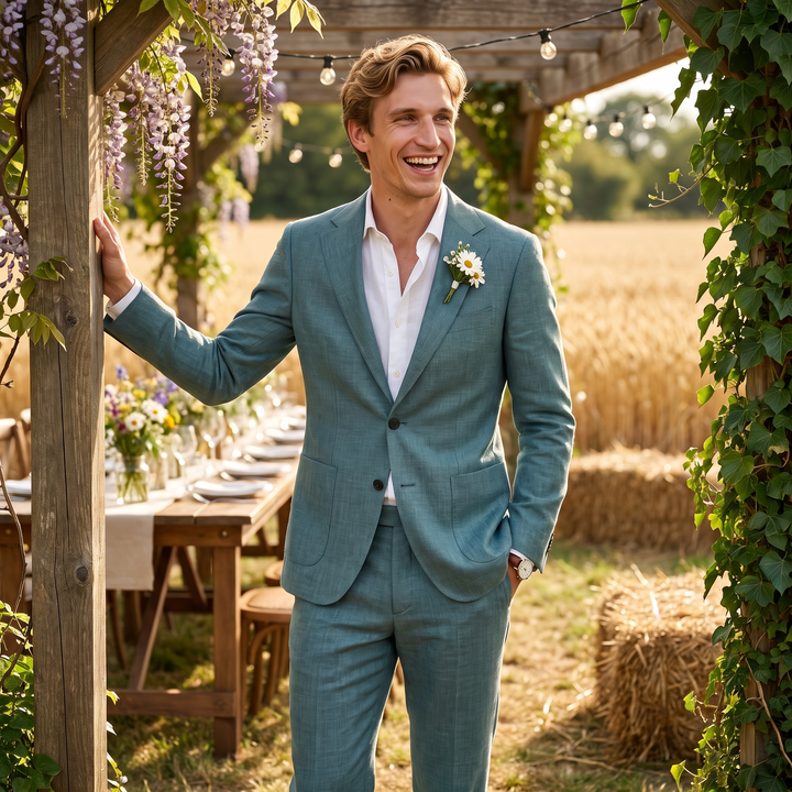Menseventwear Casual 2 Pieces Mens Suit Flat Linen Notch Lapel Suit (Blazer + Pants)