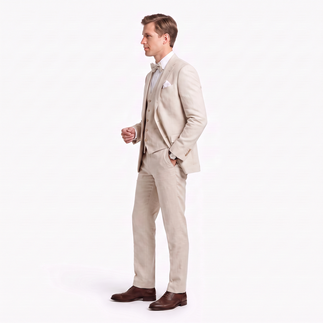 Menseventwear Casual 3 Pieces Men’s Suit Flat Linen Notch Lapel Suit (Blazer+Vest+Pants)