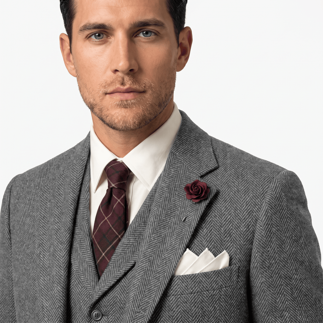 3 Pieces Double Breasted Herringbone Slim Fit Notch Lapel Men&