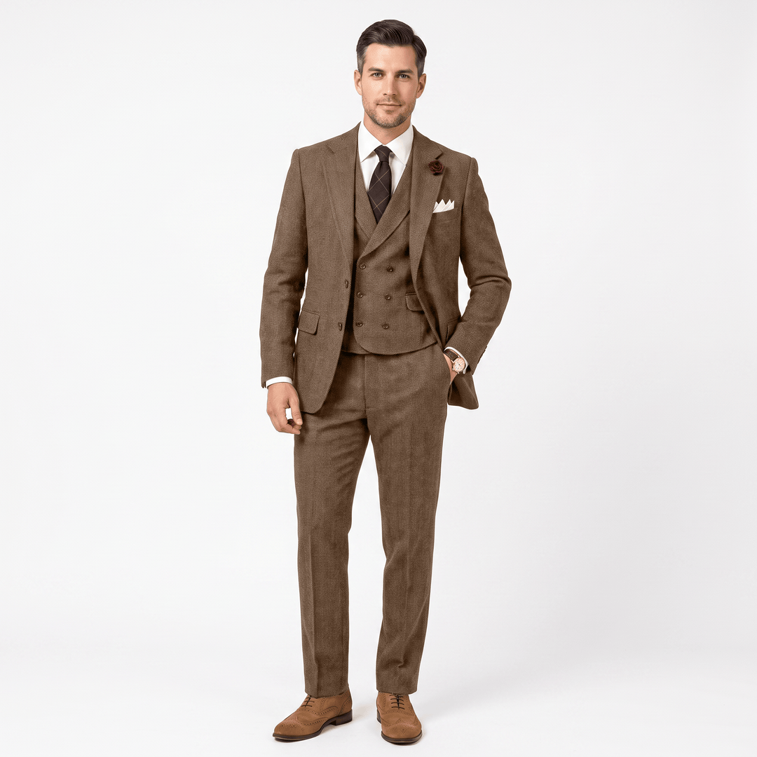3 Pieces Double Breasted Herringbone Slim Fit Notch Lapel Men&