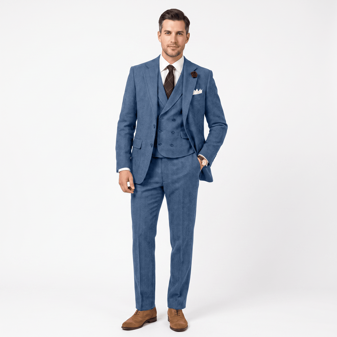 3 Pieces Double Breasted Herringbone Slim Fit Notch Lapel Men&