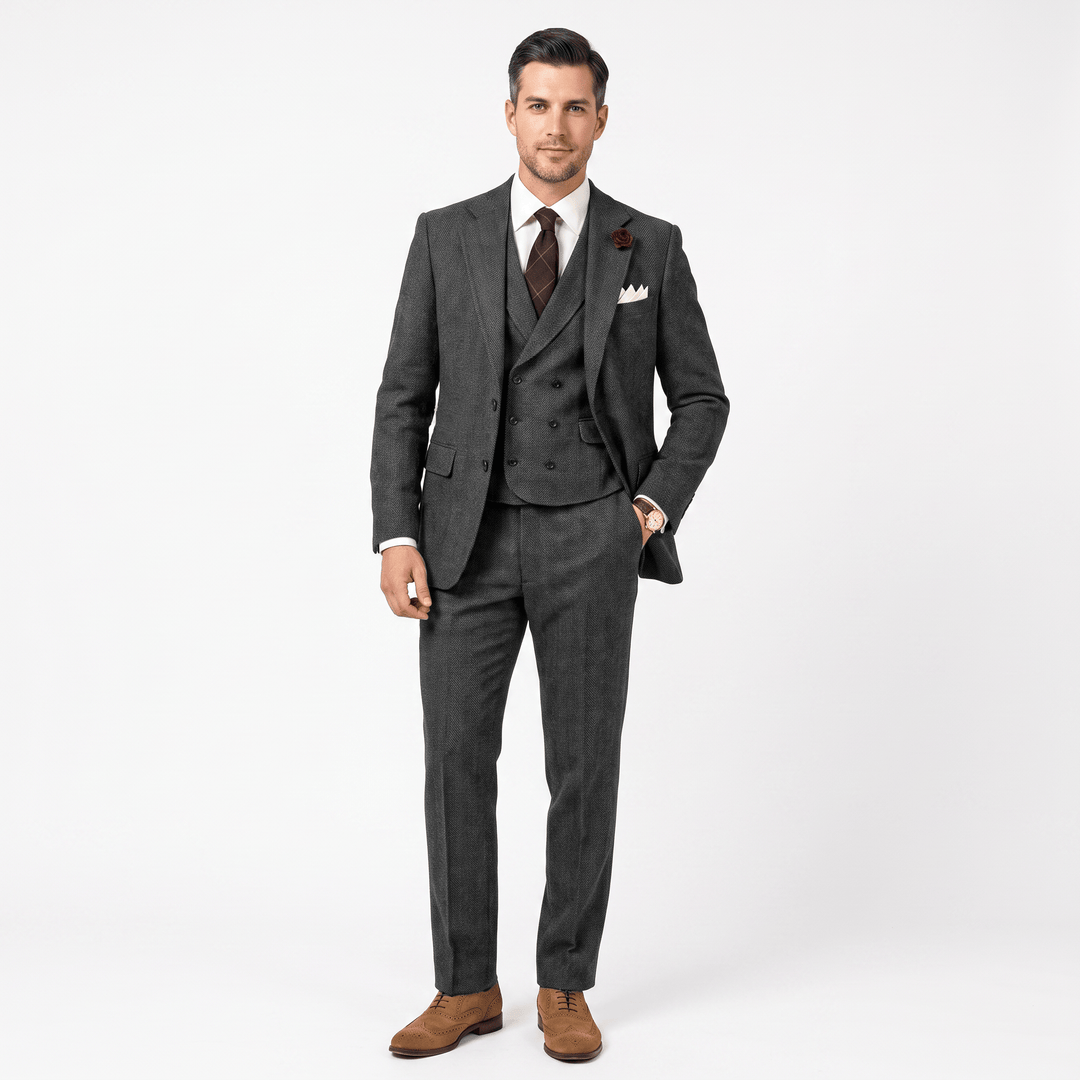 3 Pieces Double Breasted Herringbone Slim Fit Notch Lapel Men&
