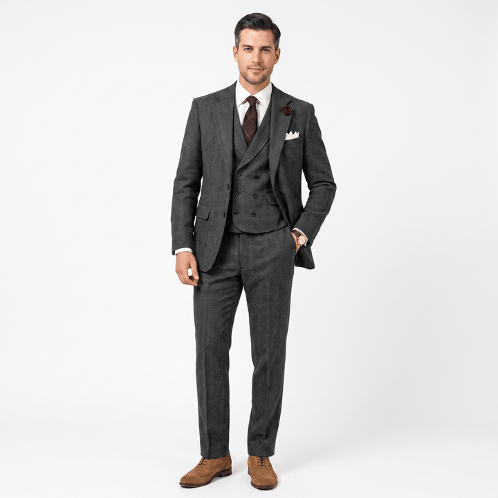 3 Pieces Double Breasted Herringbone Slim Fit Notch Lapel Men&