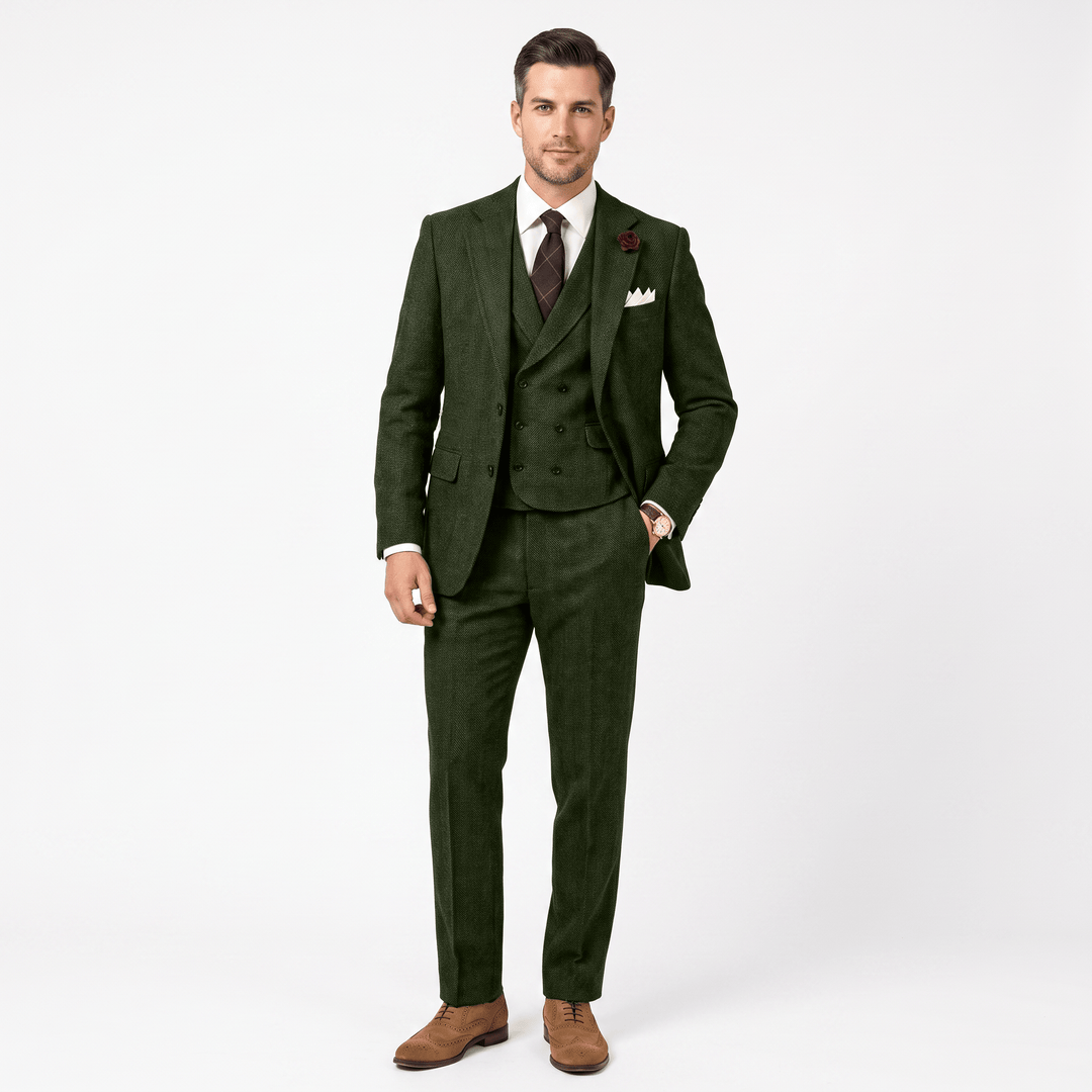 3 Pieces Double Breasted Herringbone Slim Fit Notch Lapel Men&