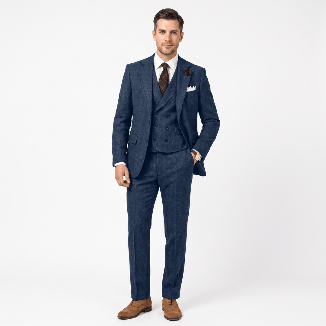 3 Pieces Double Breasted Herringbone Slim Fit Notch Lapel Men&