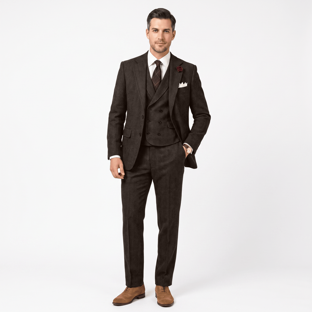 3 Pieces Double Breasted Herringbone Slim Fit Notch Lapel Men&