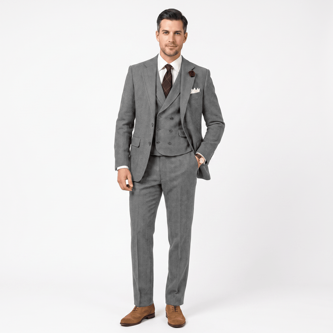 3 Pieces Double Breasted Herringbone Slim Fit Notch Lapel Men&