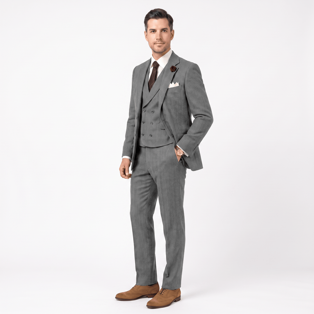 3 Pieces Double Breasted Herringbone Slim Fit Notch Lapel Men&