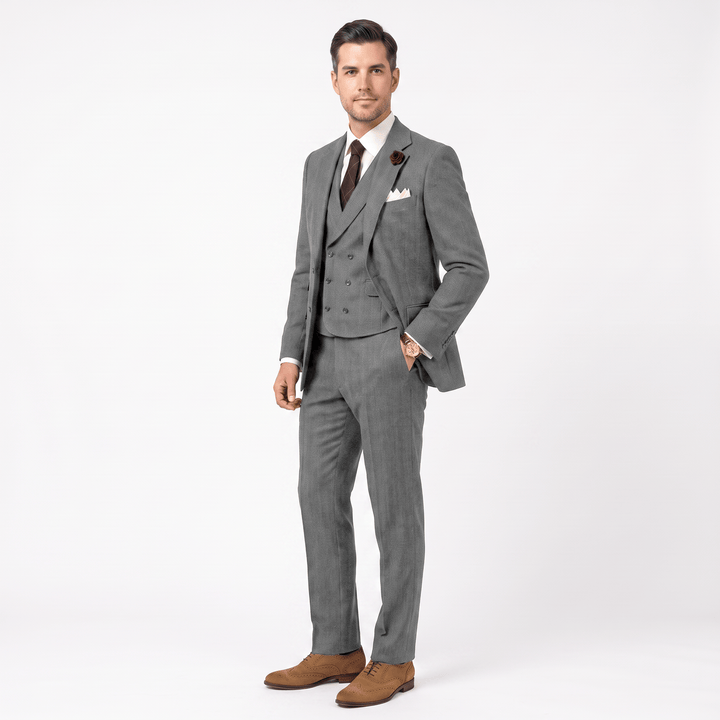 3 Pieces Double Breasted Herringbone Slim Fit Notch Lapel Men&