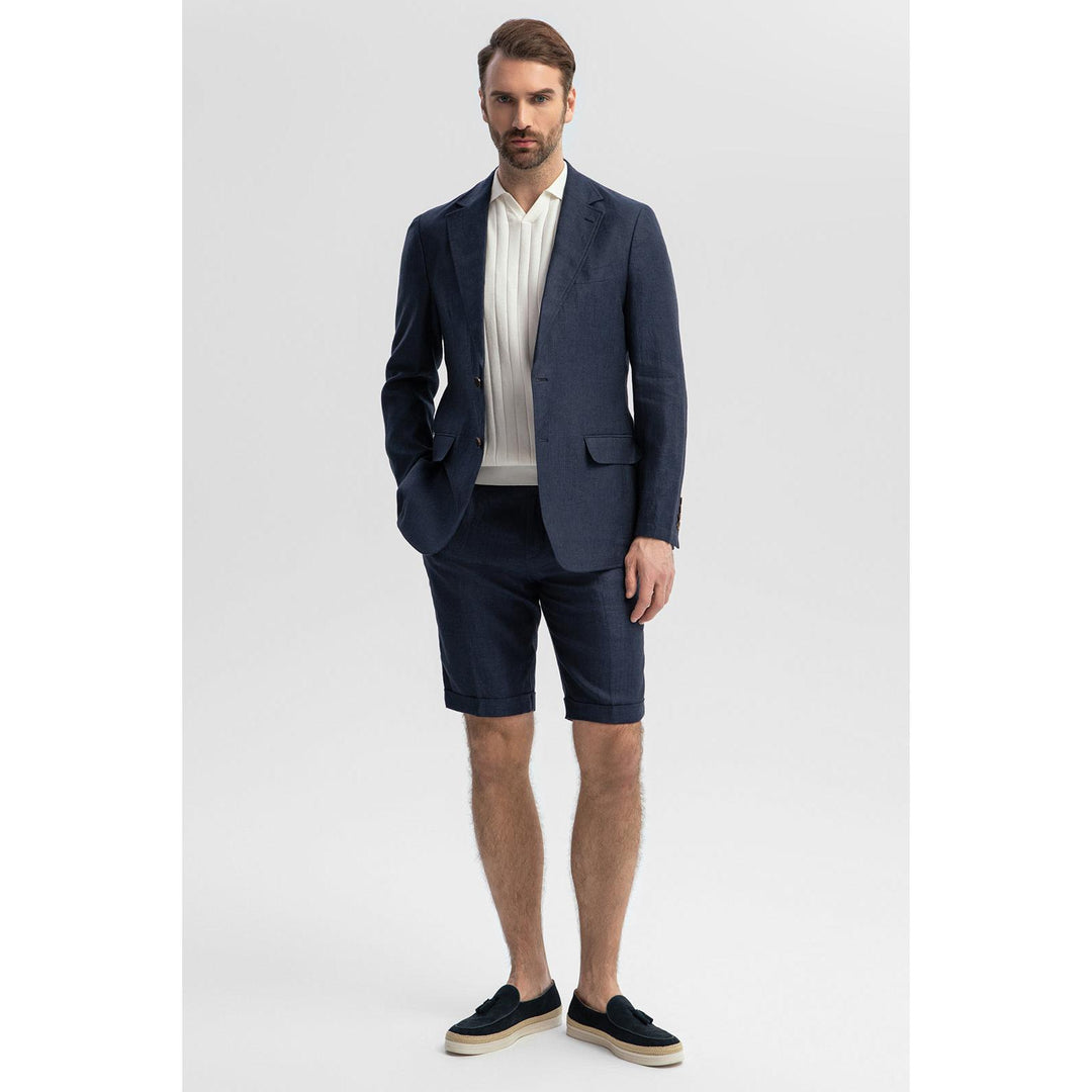 dress shorts mens Casual 2 Piece Men's Suit Flat Linen Notch Lapel Tuxedos (Blazer+Shorts) Navy / L
