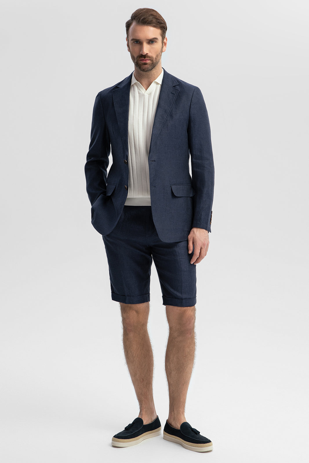 Casual 2 Piece Men's Suit Flat Linen Notch Lapel Tuxedos (Blazer+Shorts) mens event wear