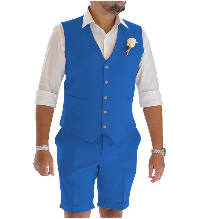Casual 2 Piece Men's Suit Flat Linen V Neck Tuxedos (Blazer+Shorts) mens event wear